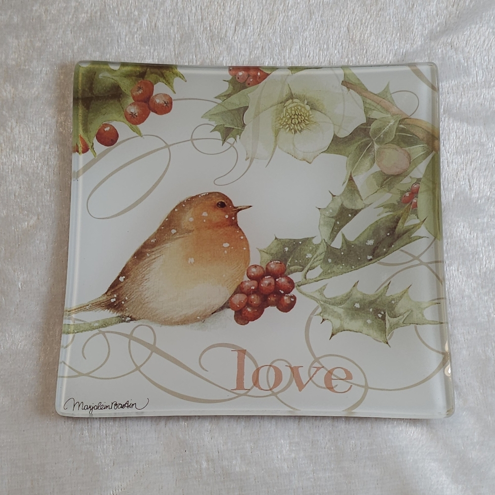Marjolein Bastin Glass Square Christmas Dove Floral Tray Dish